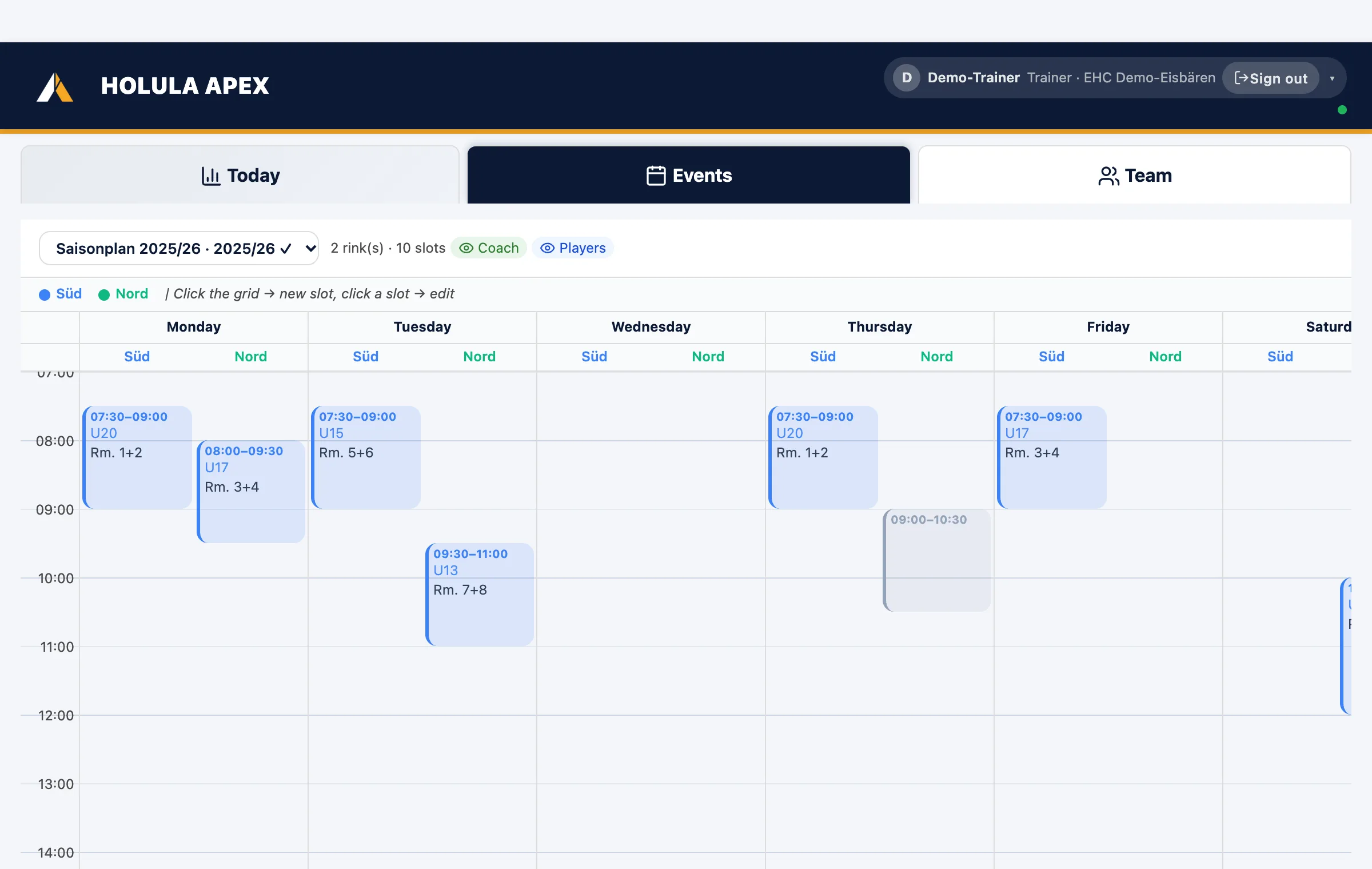 Rink schedule: week with two surfaces, slots per team with locker rooms