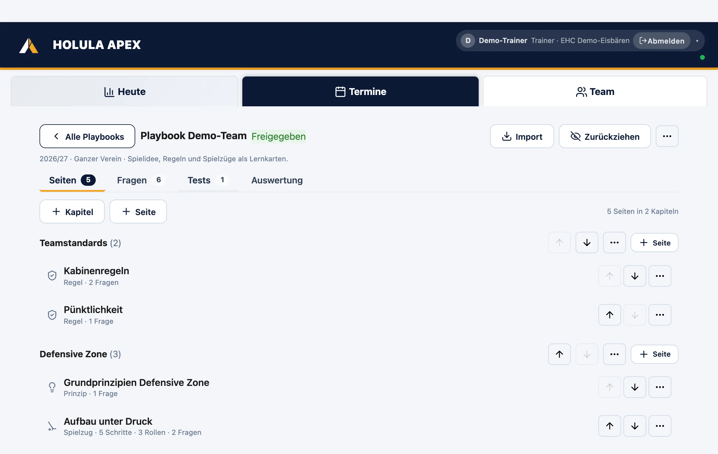 Playbook: Kapitel und Seiten, Spielzug mit Schritten, Rollen und Diagramm