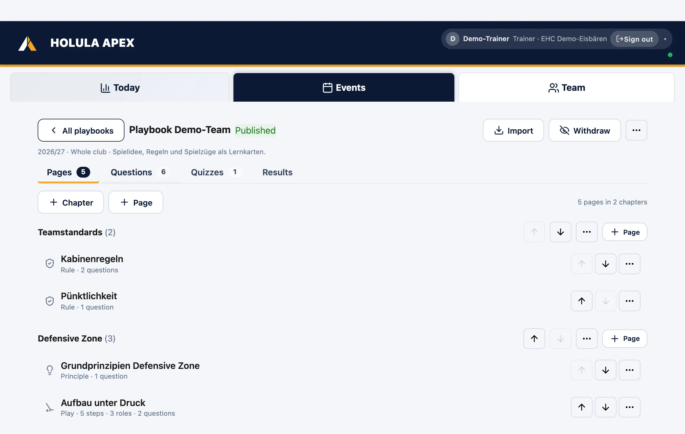 Playbook: chapters and pages, play with steps, roles and diagram