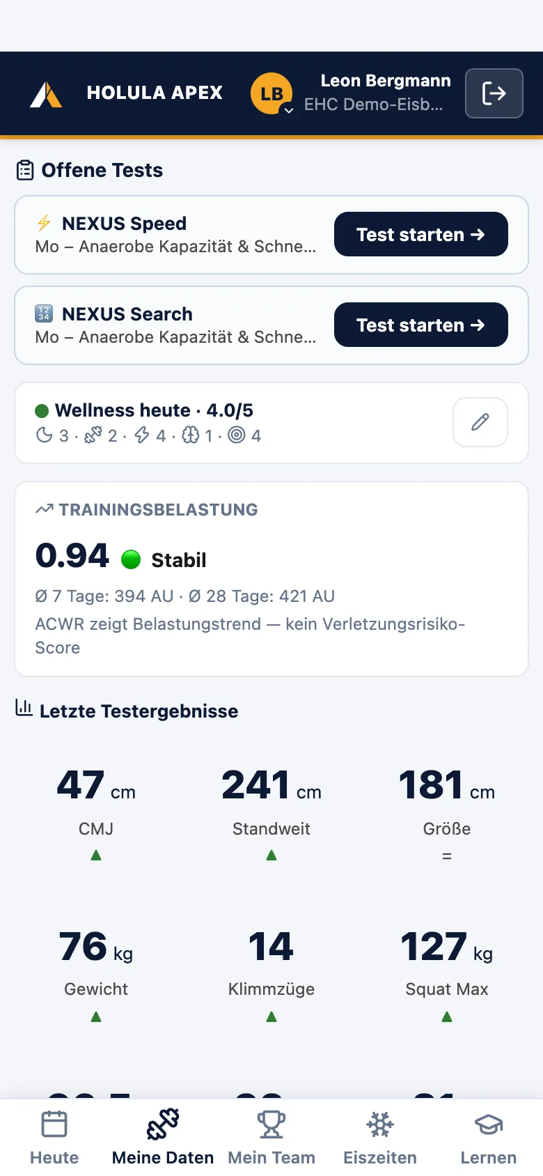 Spieler-App: eigene Testergebnisse und Verlauf