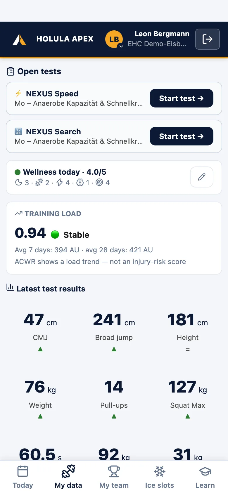 Player app: own test results and history