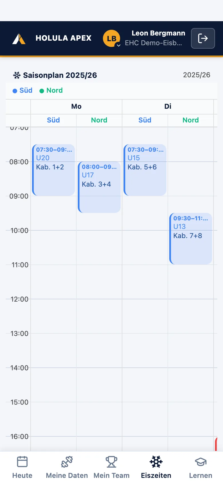 Spieler-App, Reiter Eiszeiten: Wochenplan mit Süd und Nord