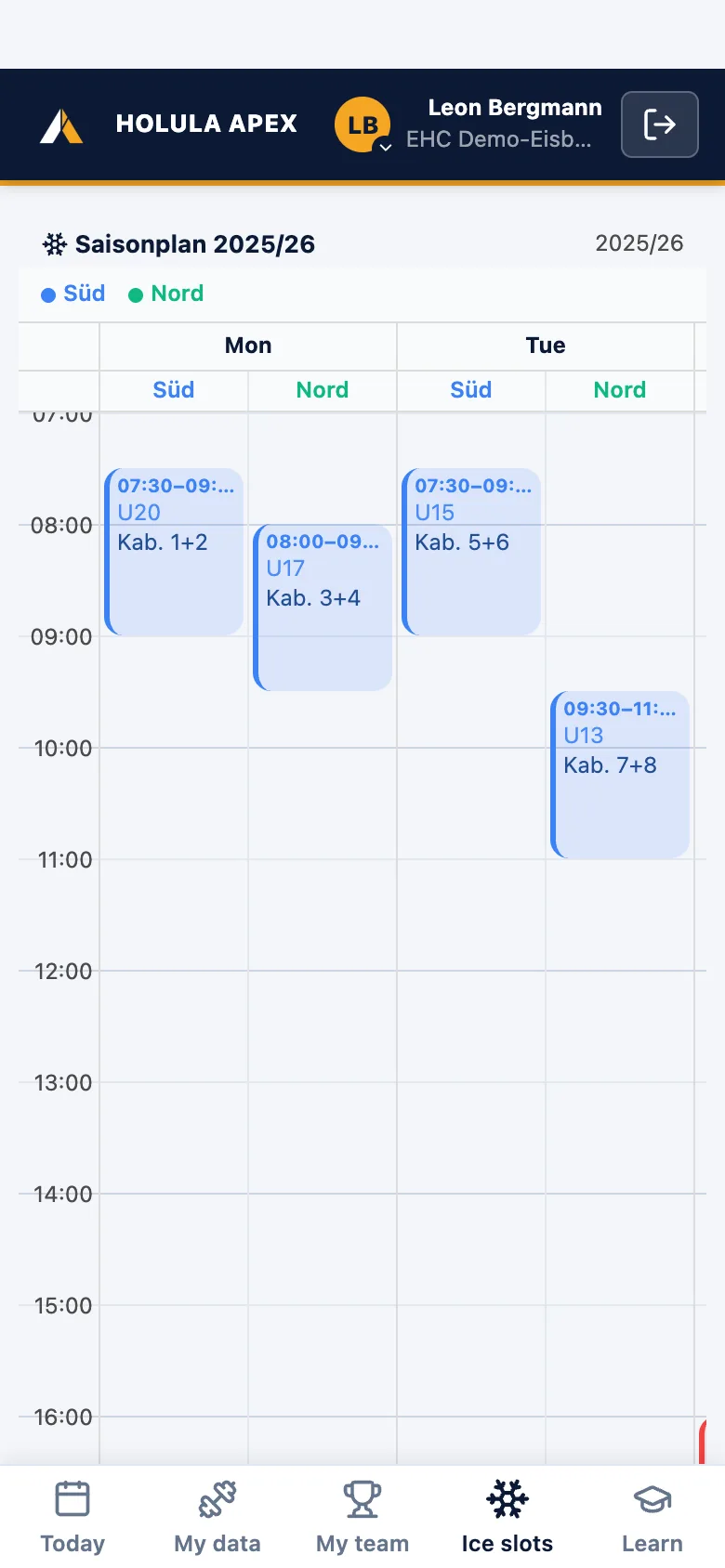 Player app, Ice times tab: weekly plan with South and North
