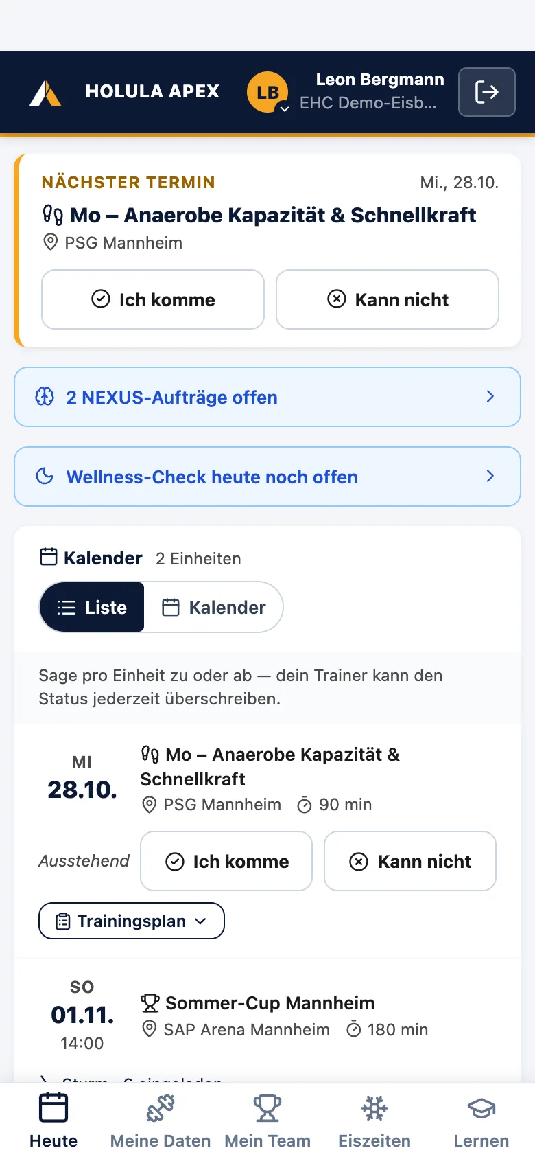 Spieler-App: nächster Termin mit Zu- und Absage, Trainingsplan zum Aufklappen