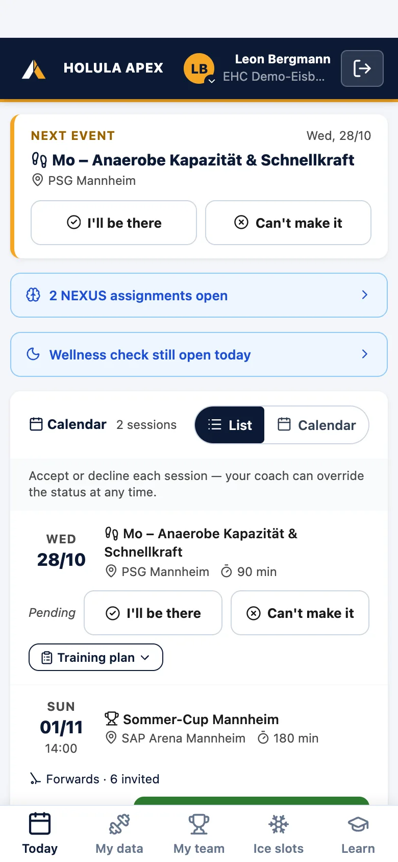 Player app: match-day invitation with RSVP