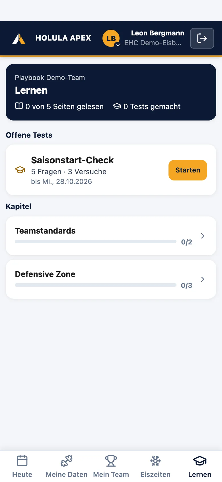 Spieler-App, Reiter Lernen: offener Test, Kapitel mit Lesestand