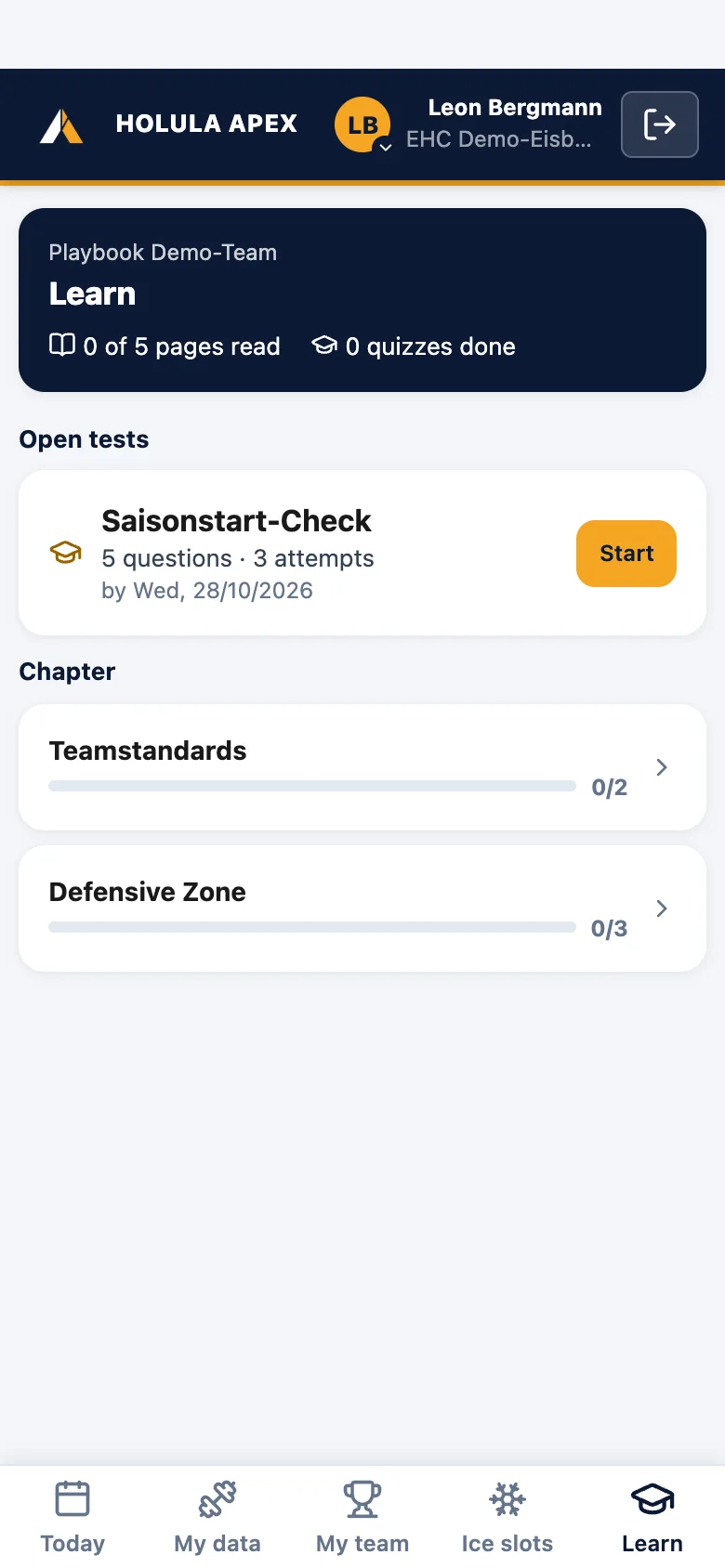 Player app, Learn tab: open test, chapters with reading progress