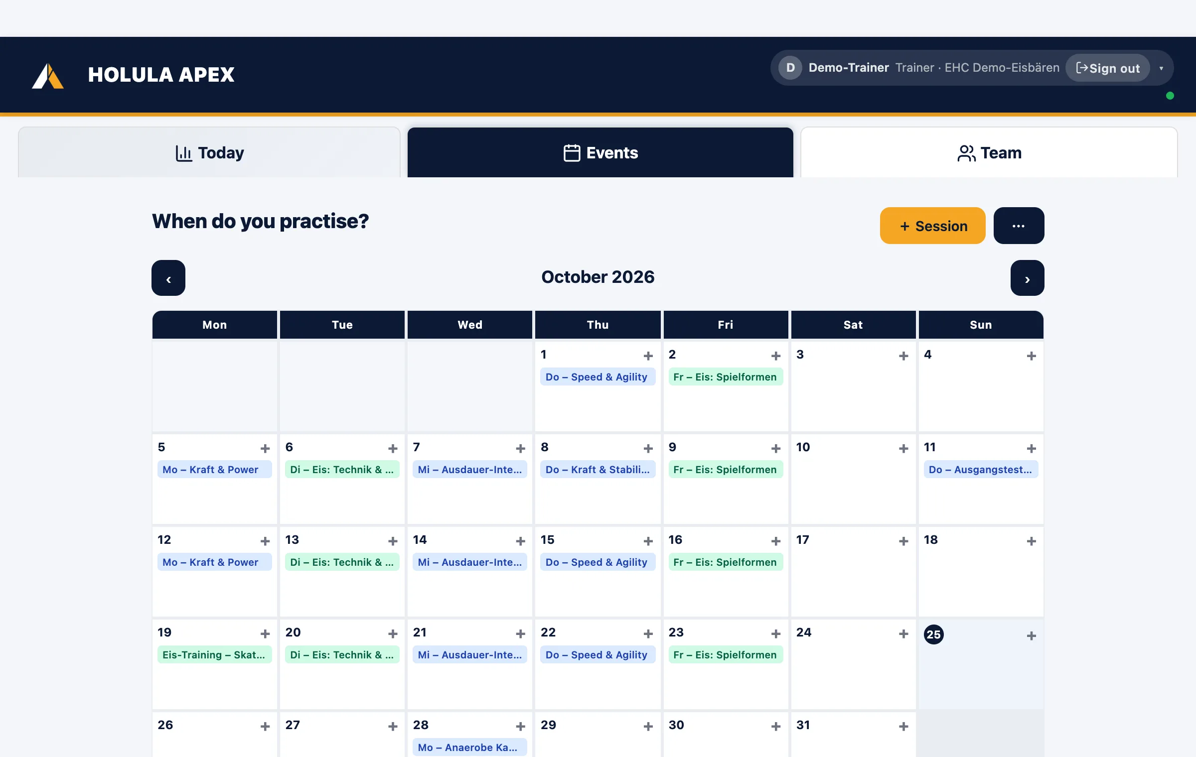 Calendar: month grid with off-ice, on-ice and game days