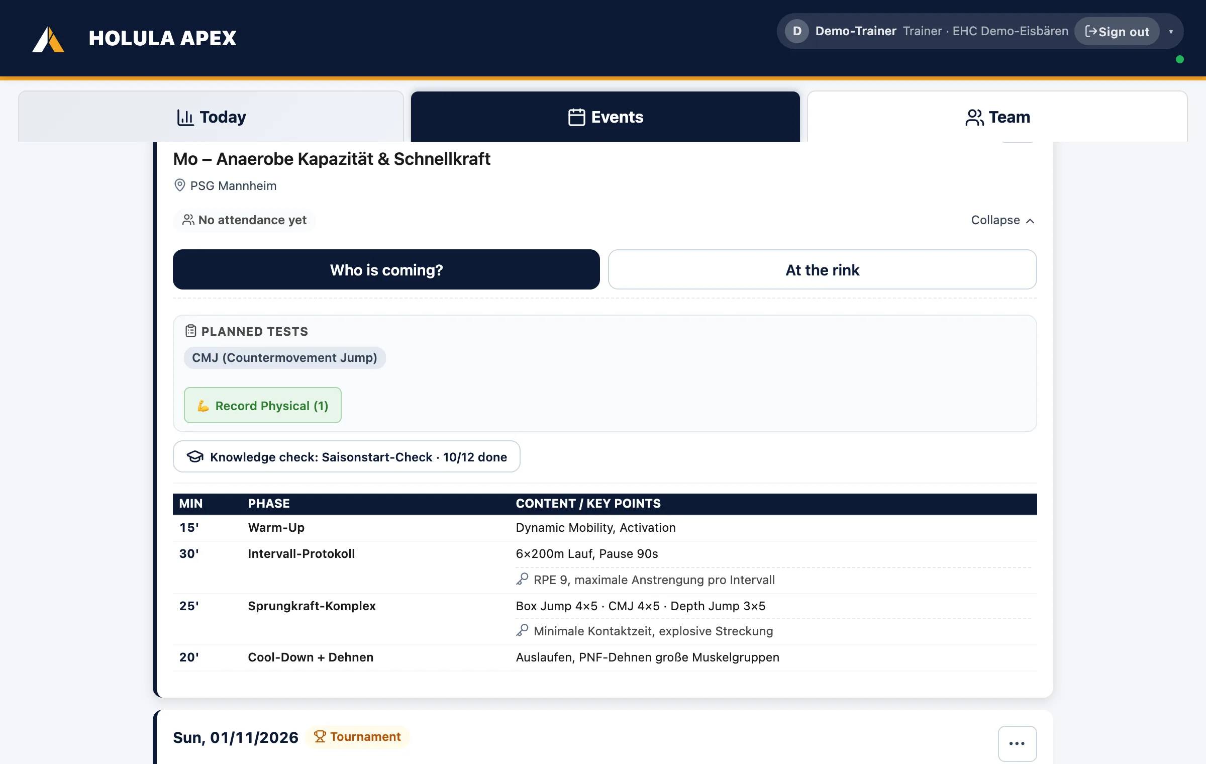 Session expanded: phase table with minutes, content and key points, planned tests, knowledge test