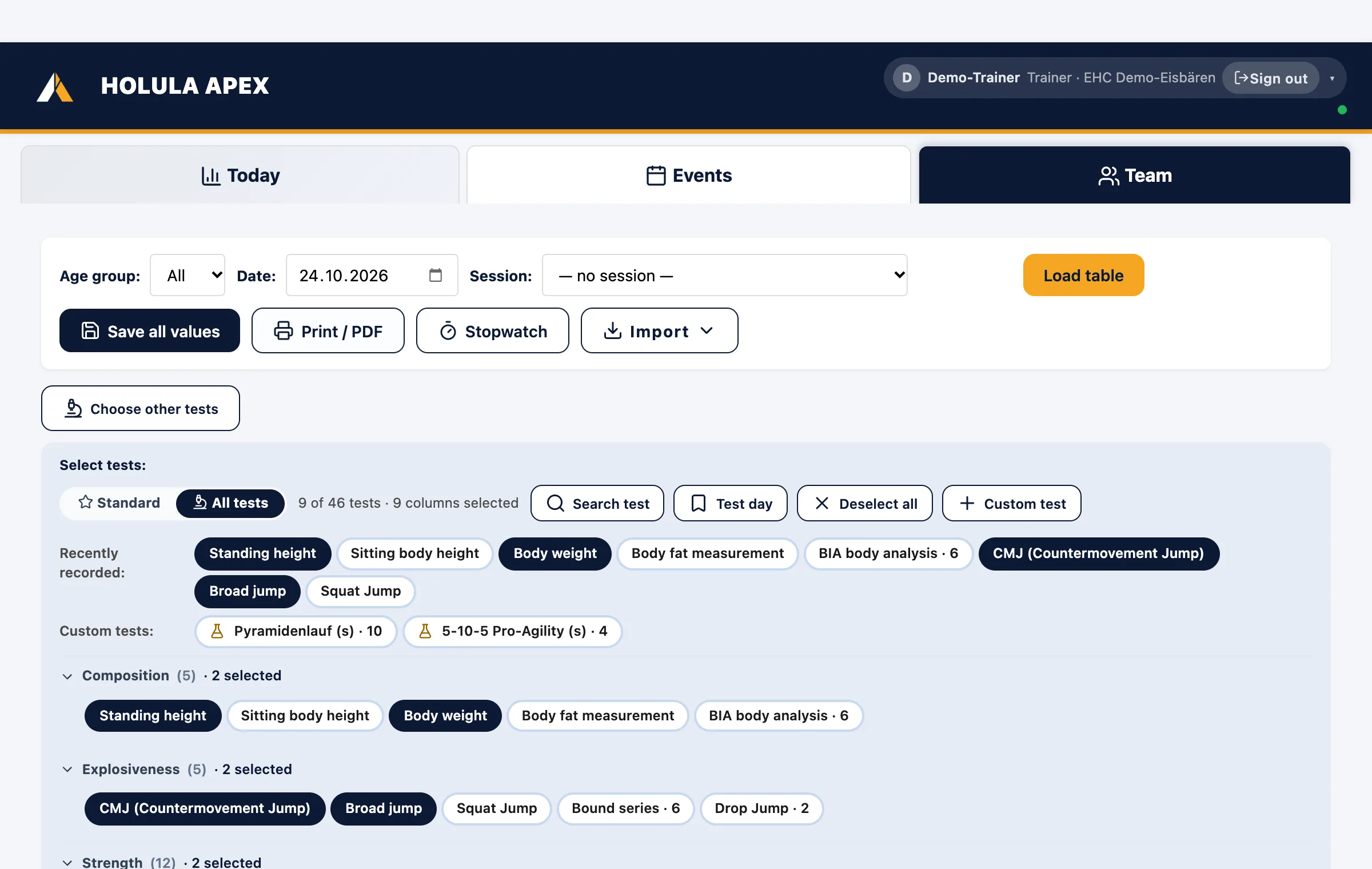 Enter test values: one chip per test, collapsible categories, "Recently captured" row