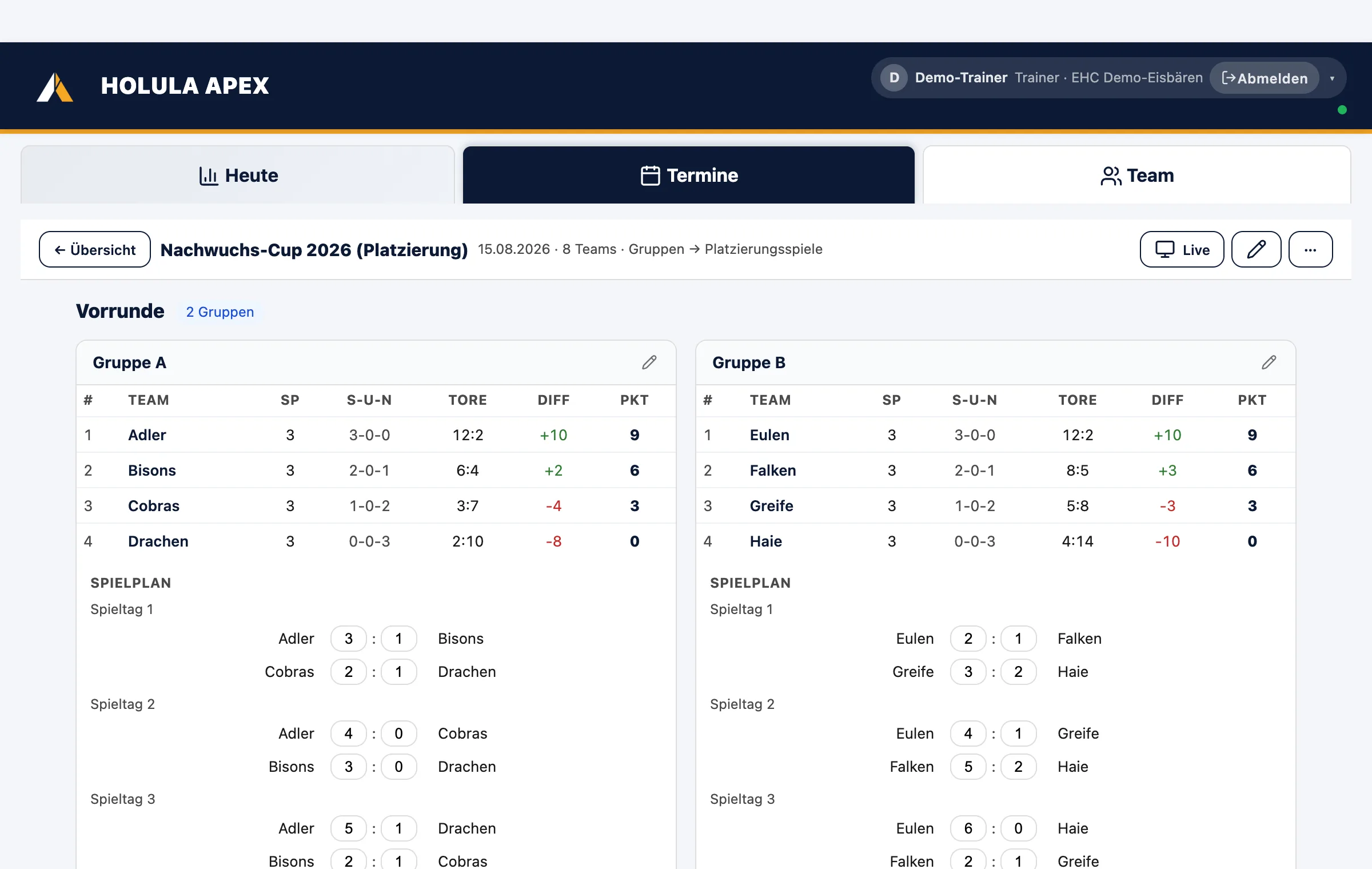 Turnier: zwei Gruppen mit Tabelle und Spielplan, Live-Knopf oben rechts