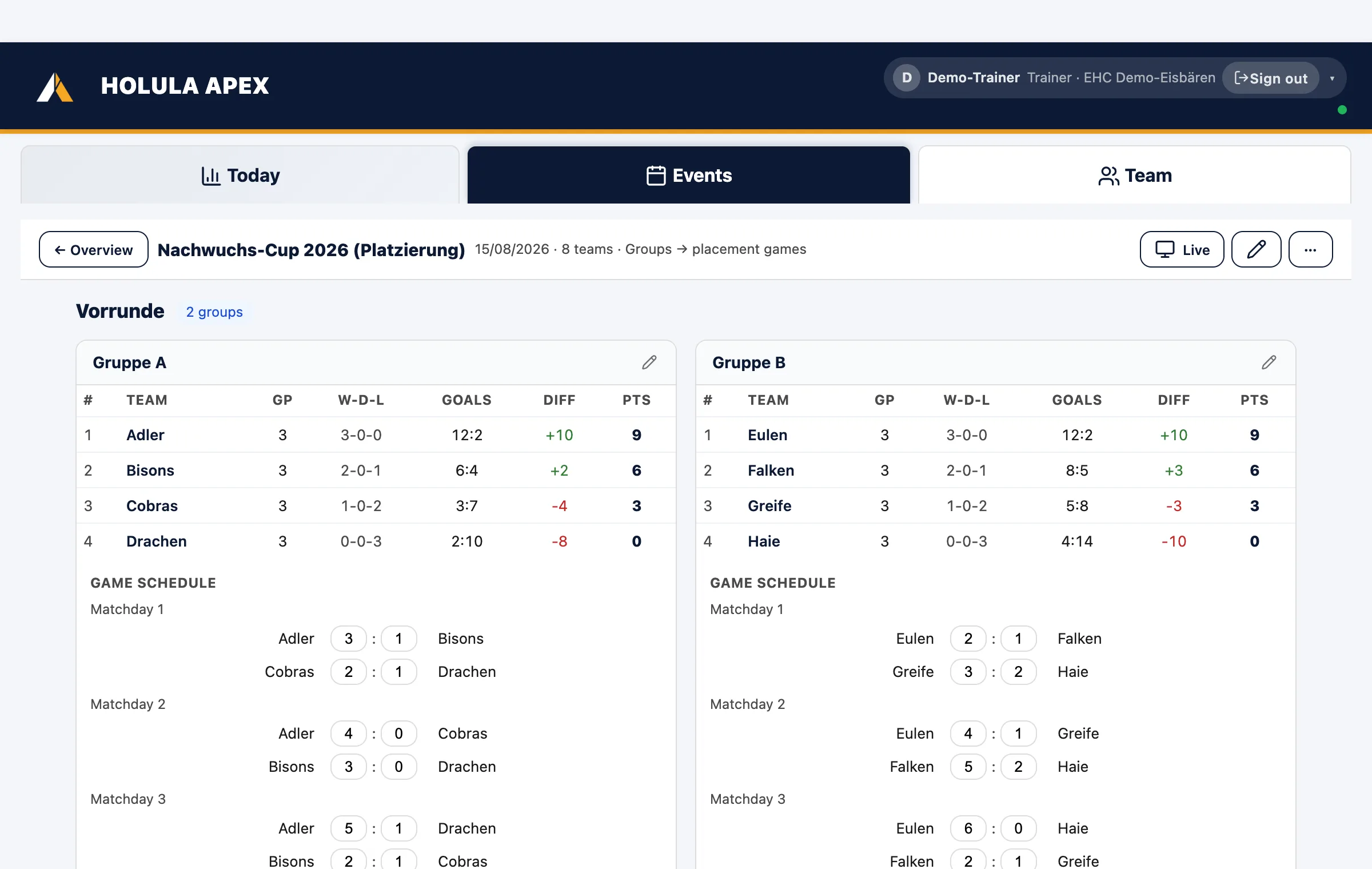 Tournament: two groups with table and fixtures, Live button top right