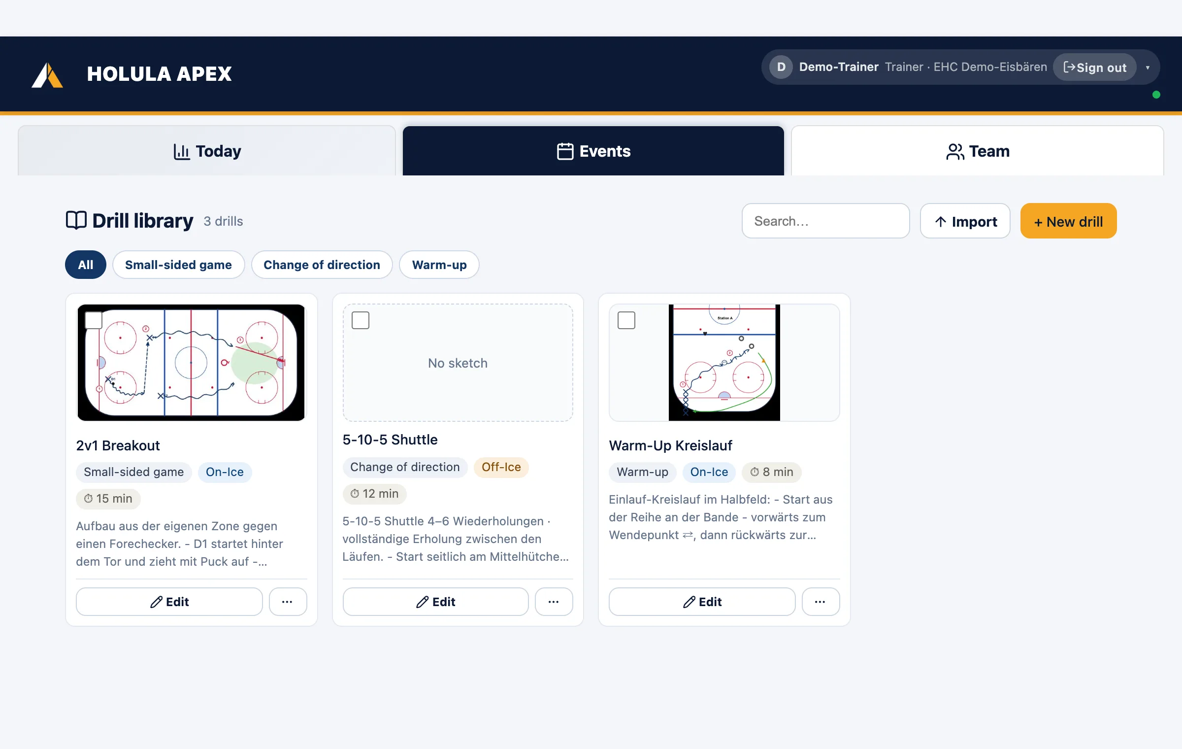 Drill library: cards with diagram, category, on-ice or off-ice, duration